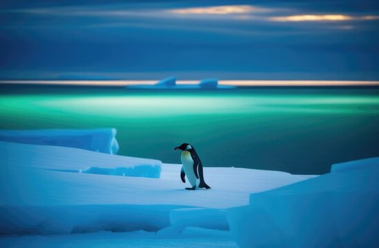 World Penguin Day, iceberg in the ocean, kingdom of ice and snow, lone adult penguin on an ice floe, northern lights, far north