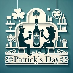 Irish Beer Couple silhouette sitting in beer bar Patrick's Day concept Illustration Background design with space for copy generative ai