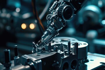 This close-up photograph captures the intricate details of a machine at work, showcasing its mechanical components in motion, Nanobots fixing mechanical parts, AI Generated - obrazy, fototapety, plakaty