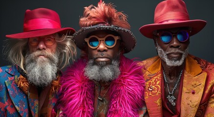 A group of stylish men sporting fashionable hats and sunglasses, their bearded faces hidden behind the accessories, ready to take on the festival in their red attire