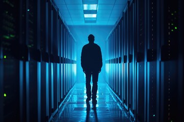 Fototapeta premium A man stands in the center of a hallway, surrounded by walls on either side, An ominous shadow lurking over a secure network, symbolizing latent threats in cybersecurity, AI Generated