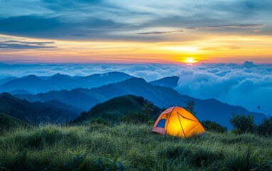 A tent is set up on top of a rugged mountain peak, surrounded by rocky terrain and a vast expanse of sky