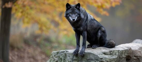 Obraz premium A captive grey wolf with black fur sits on top of a rock in a forest.