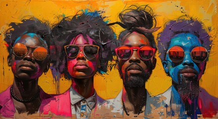 A vibrant modern art painting featuring a group of people donning stylish sunglasses, their human...