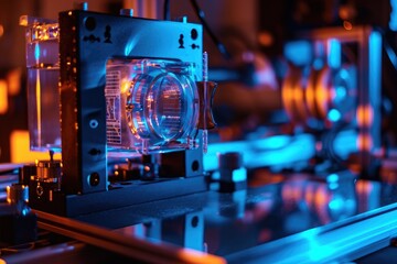 Fototapeta na wymiar A detailed close-up of a machine featuring a prominent blue light, showcasing its intricate design and functionality, Nanophotonic devices manipulating light, AI Generated