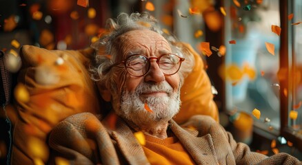 Fototapeta premium A seasoned man with glasses and a full beard sits in a chair, his face etched with wrinkles, creating a striking portrait of a wise and contemplative person, framed by the vibrant hue of an orange ba