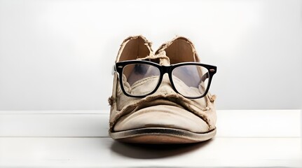 Closeup of old retro ragged shoe wearing glasses isolated on white background. Retro gentleman character. Different styles of old men fashion concept. Happy Labour Day, International Workers  Day