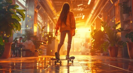 As the city lights illuminated the night, a rebellious girl glided through the dimly lit hallway on her skateboard, her edgy clothing and stylish footwear representing her carefree attitude towards c - obrazy, fototapety, plakaty