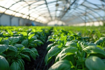 A vibrant greenhouse featuring an abundance of green plants of different species and sizes, Nanotechnological revolution in agriculture, AI Generated
