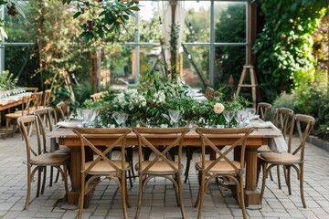 Fototapeta na wymiar A dining table with a gathering of chairs neatly arranged around it, Nature-inspired wedding in a botanical garden, AI Generated