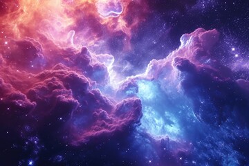 Fototapeta na wymiar An image of a vibrant space scene with stars and clouds filling the night sky, Neon colored interstellar cloud creating a sci-fi space scenery, AI Generated