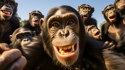 chimpanzees smiling while taking a selfie