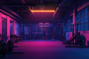 A spacious gymnasium with no occupants, featuring vibrant neon lights illuminating the entire space, Night view of a gym glowing with soft interior light, AI Generated - obrazy, fototapety, plakaty