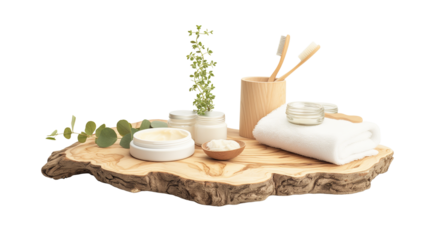 cut-out natural and sustainable / eco friendly cosmetics, set of containers and bathroom accessories, natural beauty, spa and lifestyle elements on a wooden board.