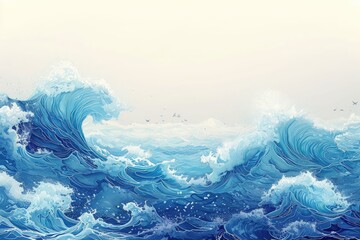 Fototapeta na wymiar A painting depicting a stunning, large wave crashing forcefully in the vast expanse of the ocean, Ocean waves in the style of traditional Japanese art, AI Generated