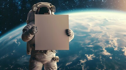 image with an astronaut in space holding a blank white board