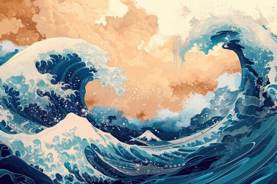 A dynamic painting depicting a massive wave crashing forcefully in the open ocean, Ocean waves in the style of traditional Japanese art, AI Generated