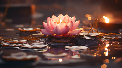 lotus flower in water with flickering flames and candles
