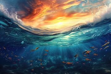 A painting capturing the brilliant colors of a sunset as they reflect on the surface of a tranquil body of water, Ocean waves with marine life swimming underneath, AI Generated - obrazy, fototapety, plakaty