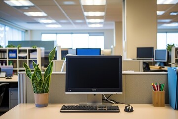 A desktop computer is placed on top of a desk with a sleek and modern setup consisting of a monitor, keyboard, and mouse, Office cubicle with personalized decor, AI Generated