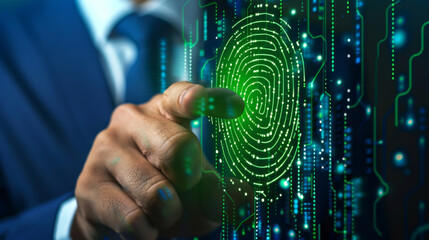 futuristic biometric security concept where a man in a business suit is interacting with a holographic fingerprint scanner