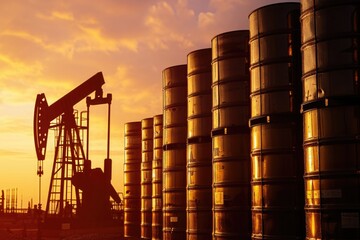 An oil rig illuminated by the setting sun stands in front of a row of oil barrels, Oil drill rig and barrels symbolizing oil investment, AI Generated