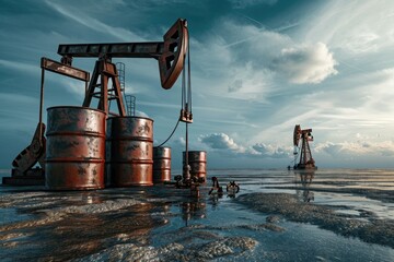 A group of oil rigs situated in the expansive body of water, actively extracting valuable resources, Oil drill rig and barrels symbolizing oil investment, AI Generated - obrazy, fototapety, plakaty