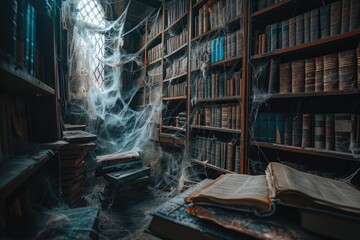 A neglected room overwhelmed by a vast collection of books, now coated in thick spider webs, depicting years of neglect, Old, haunted library filled with cobwebs and ancient spell books, AI Generated - obrazy, fototapety, plakaty