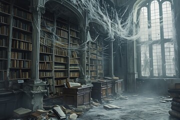 A Room Filled With Numerous Books and Abundant Bookshelves, Old, haunted library filled with cobwebs and ancient spell books, AI Generated - obrazy, fototapety, plakaty