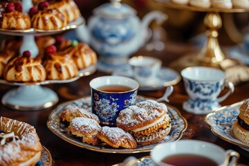 A table adorned with an assortment of delicious pastries and cups filled with aromatic tea, An ornate Victorian tea set with pastries, AI Generated