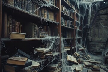 An eerie room filled with numerous books that are covered in thick spider webs, Old, haunted library filled with cobwebs and ancient spell books, AI Generated