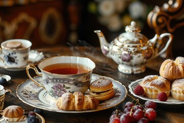 Fototapeta premium A table covered in a selection of pastries and a cup filled with tea, An ornate Victorian tea set with pastries, AI Generated