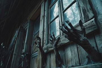 A startling image of a pale, creepy hand emerging from a broken window of a derelict building, Old wooden house with creepy undead hands reaching out, AI Generated - obrazy, fototapety, plakaty