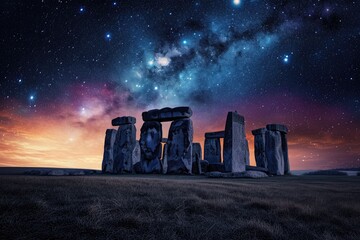 Stonehenge, the ancient monolithic stone circle, illuminated under a breathtaking night sky filled with countless stars, Ancient stone circle under a star-studded sky, AI Generated