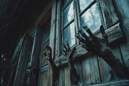 A startling image of a pale, creepy hand emerging from a broken window of a derelict building, Old wooden house with creepy undead hands reaching out, AI Generated