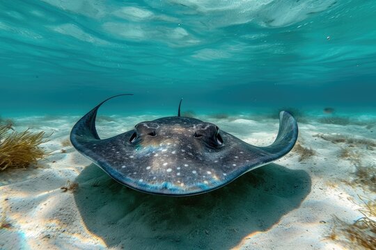 A large stingfish gracefully swims through the depths of the ocean, An underwater view of a graceful stingray swimming near the ocean floor, AI Generated