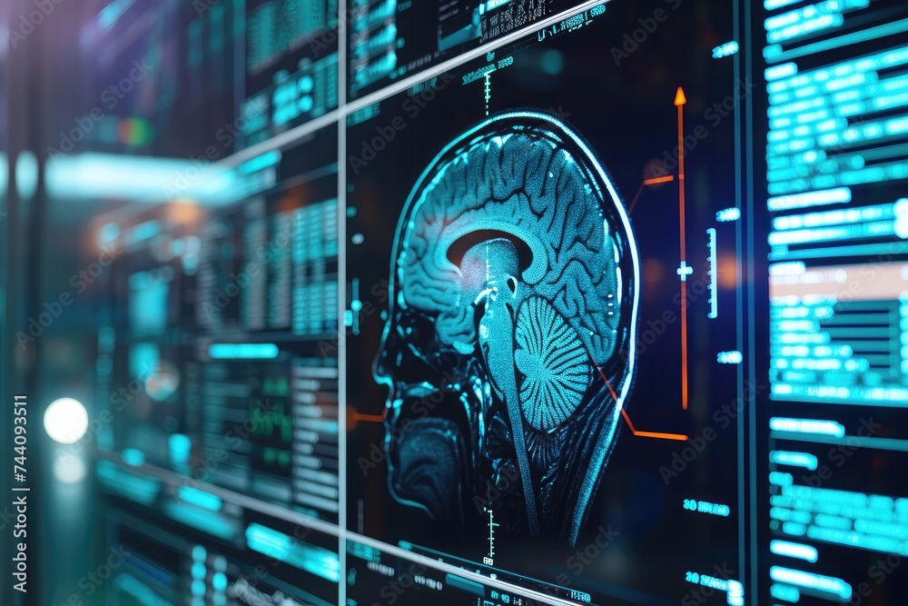 Poster a computer screen displaying an image of a brain, artificial intelligence analyzing a brain scan, ai