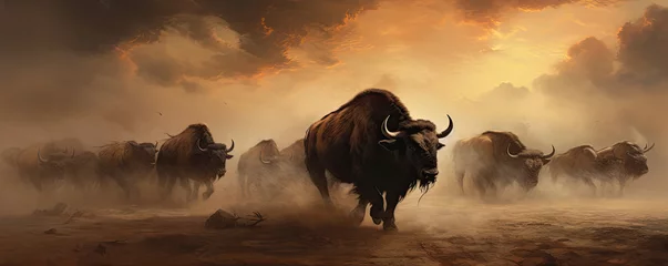 Foto auf Acrylglas Antireflex Horde of angry buffalos running to camera. cloud of dust everywhere. © Michal