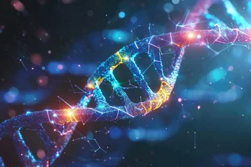 Fotobehang A 3D rendering showcasing a vibrant and dynamic double-stranded strand of colorful lights, Artificial intelligence analyzing DNA sequences for mutations, AI Generated © Ifti Digital