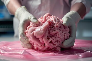 A person wearing white gloves holds a pink substance in their hands, Artificially created tissue used for medical transplants, AI Generated - obrazy, fototapety, plakaty