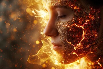 Woman With Face Covered in Fire, Artistic representation of skin burn healing process, AI Generated