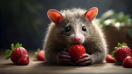 a small mouse eating strawberry, the Virginia opossum, A happy possum in a studio portrait by...