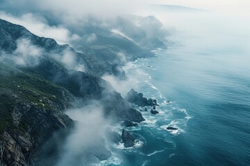 Fototapeta premium Aerial View of Rocky Coastline Along a Vast Body of Water, Overhead view of misty sea and jagged coastlines, AI Generated