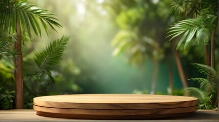 Closeup of wooden product display podium in lush tropical forest. Nature-themed advertising, eco-friendly product launches, botanical garden setups, product presentation, beauty cosmetics.