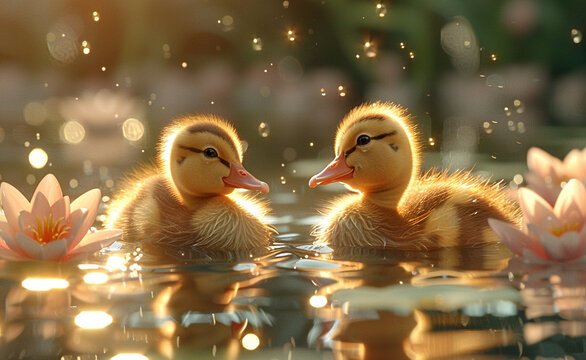 Illustration of birds, two ducklings swimming in a lake with water lilies, close-up, realistic details,  Funny ducklings
