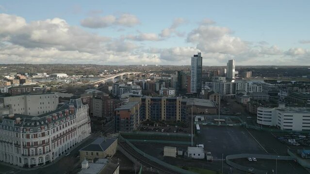 Heading towards Itchen Bridge passing the Tower block aerial shot Southampton Hampshire UK