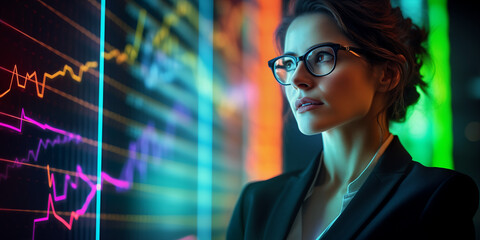 An investor business women in a business suit studies the stock market. Generative Ai