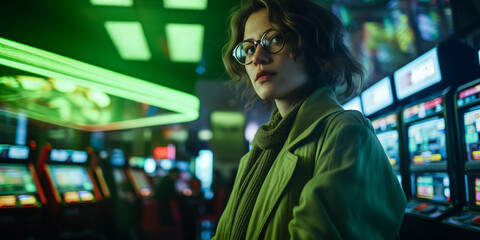 A geek genius girl in a green jacket studies the operation of casino slot machines
