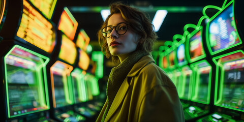 Obraz premium A geek genius girl in a green jacket studies the operation of casino slot machines