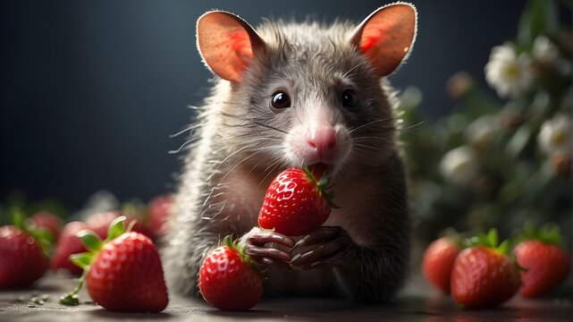 a small mouse eating strawberry, the Virginia opossum, A happy possum in a studio portrait by didelphis virginian exotic wild animal